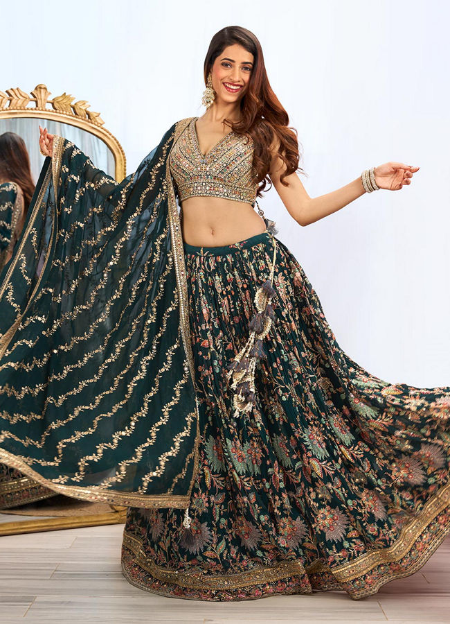 alt message - Mohey Women Stunning Teal Green Georgette Crop Top Lehenga with Jaal Border image number 0